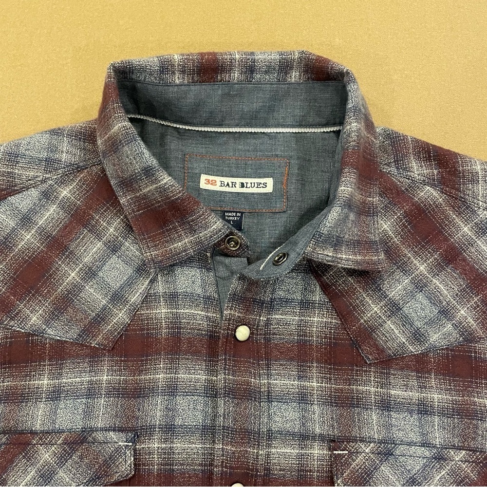 32 Bar Blues 100% Cotton Plaid Pearl Snap Button Down Shirt Size Large - Picture 5 of 13